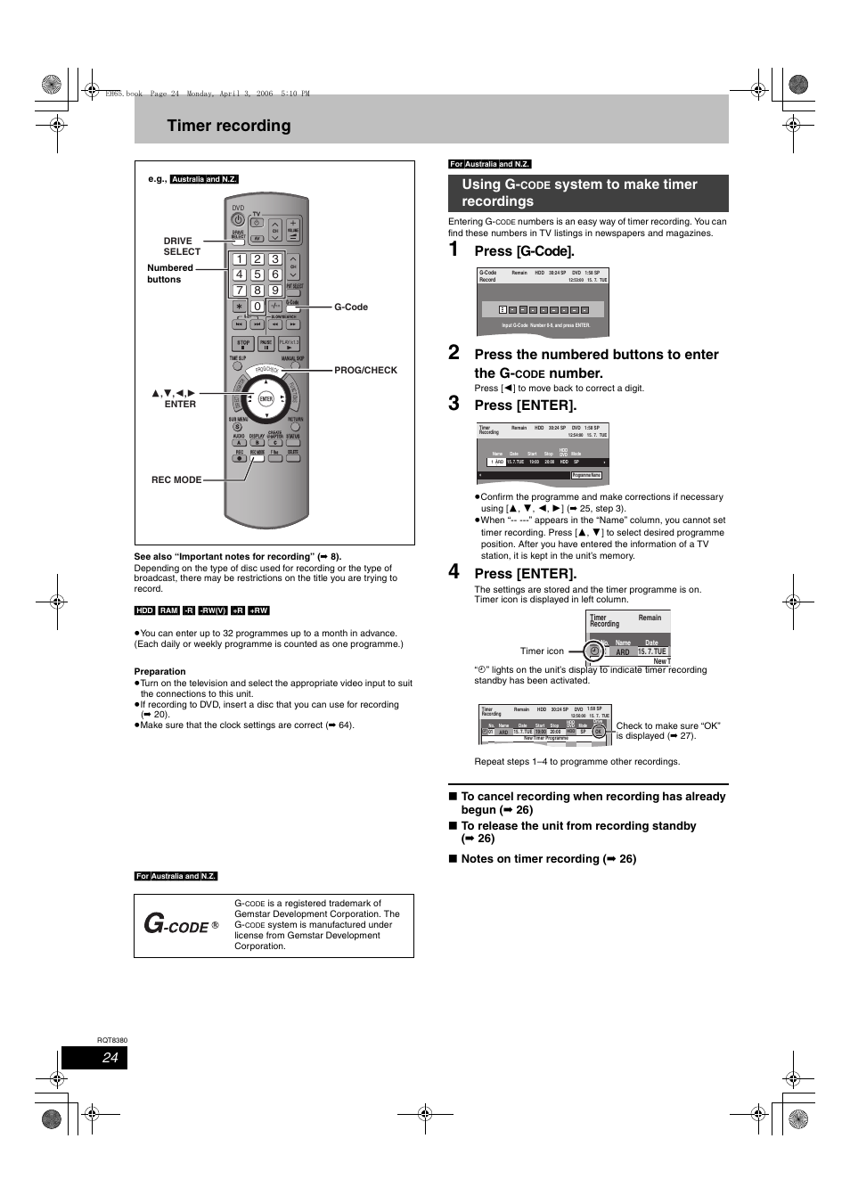 Timer recording, Press [g-code, Press the numbered buttons to enter the g | Number, Press [enter, Using g, System to make timer recordings | Panasonic DIGA DMR-EH65 User Manual | Page 24 / 76