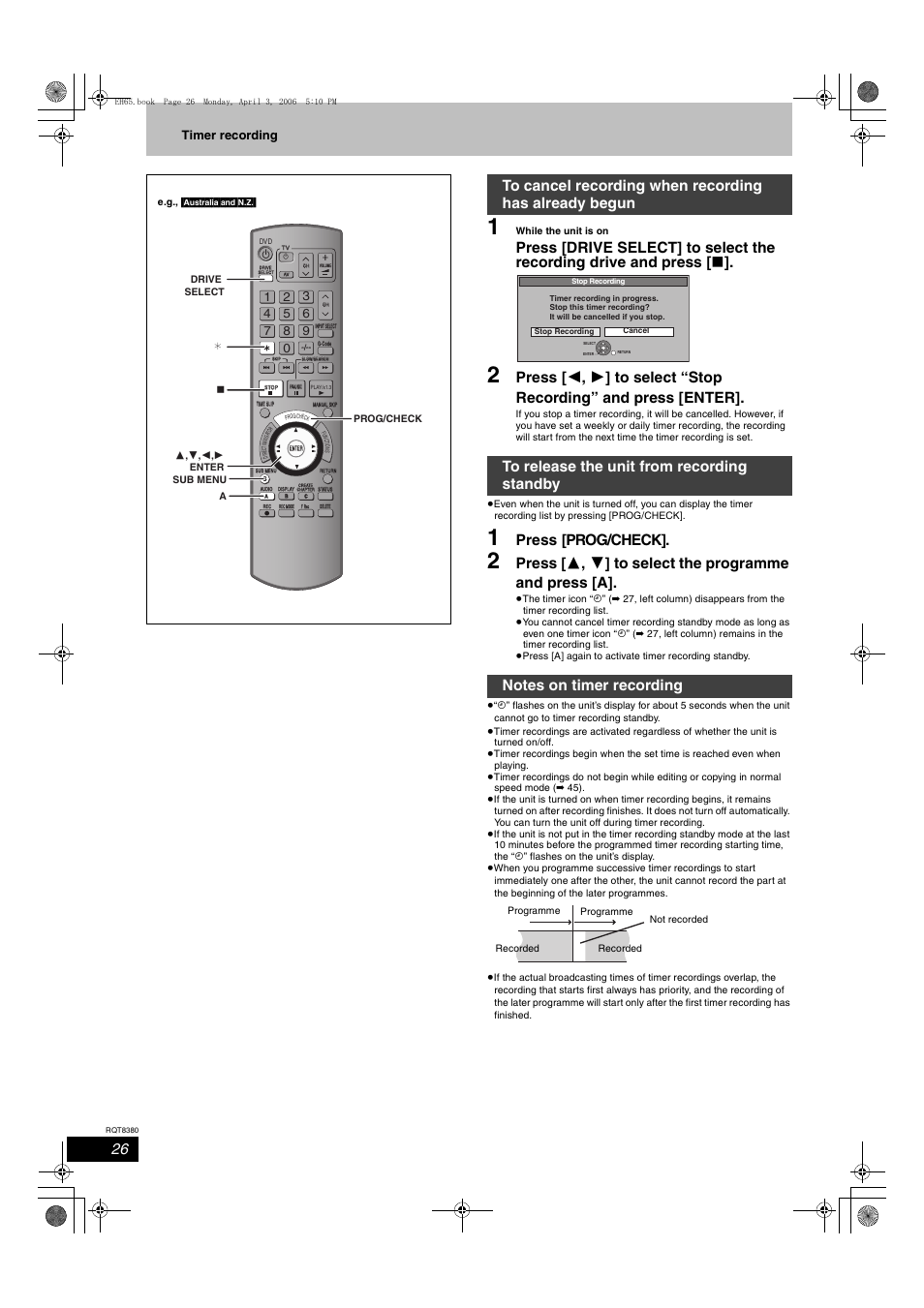 Press [prog/check, Timer recording | Panasonic DIGA DMR-EH65 User Manual | Page 26 / 76