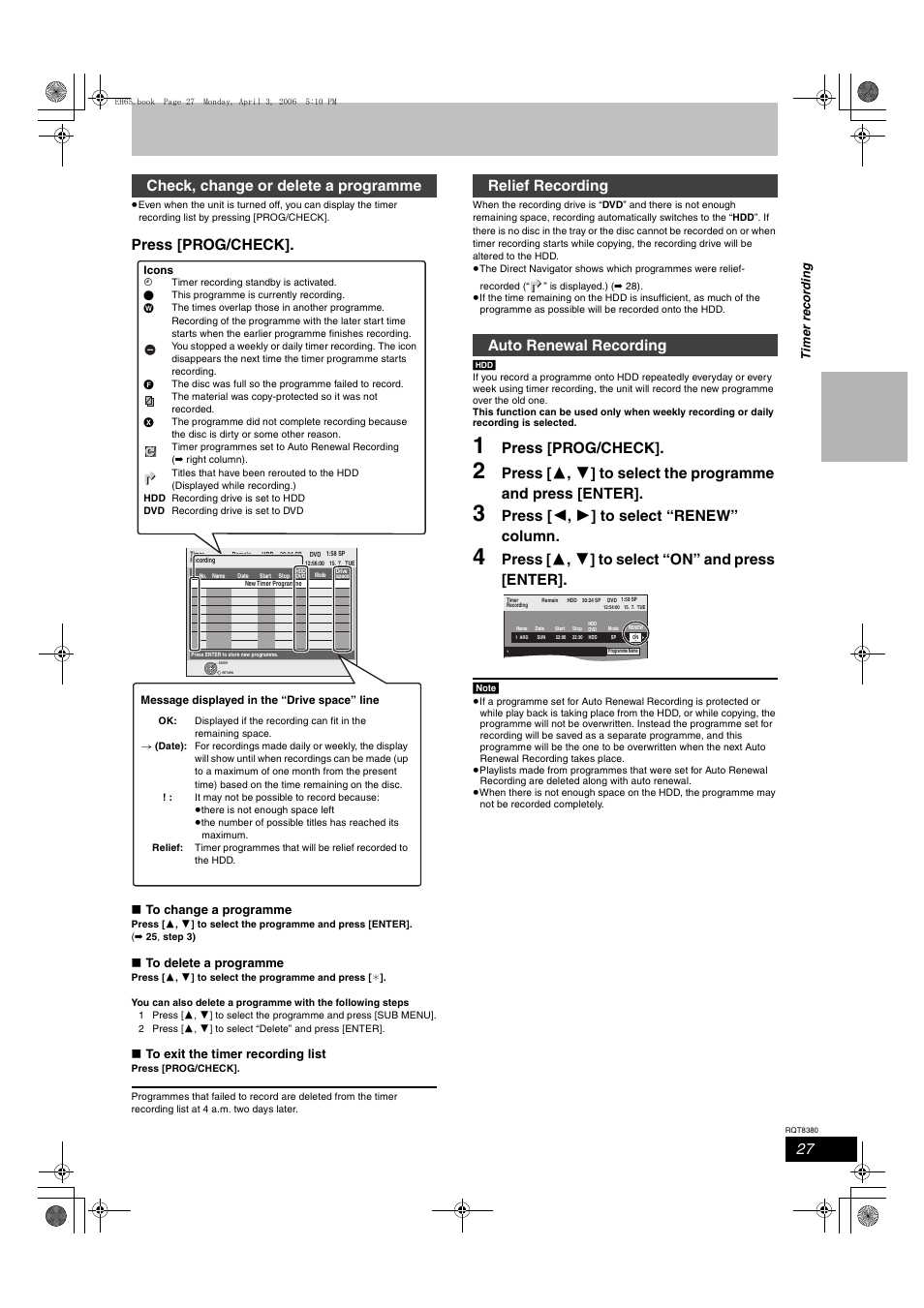 Press [prog/check, Press [ 2 , 1 ] to select “renew” column, Press [ 3 , 4 ] to select “on” and press [enter | Check, change or delete a programme, Relief recording auto renewal recording | Panasonic DIGA DMR-EH65 User Manual | Page 27 / 76