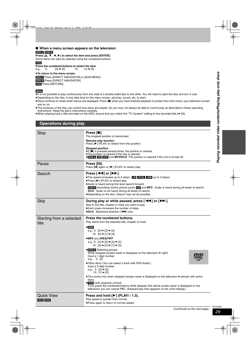 Operations during play stop, Pause, Search | Skip, Starting from a selected title, Quick view | Panasonic DIGA DMR-EH65 User Manual | Page 29 / 76