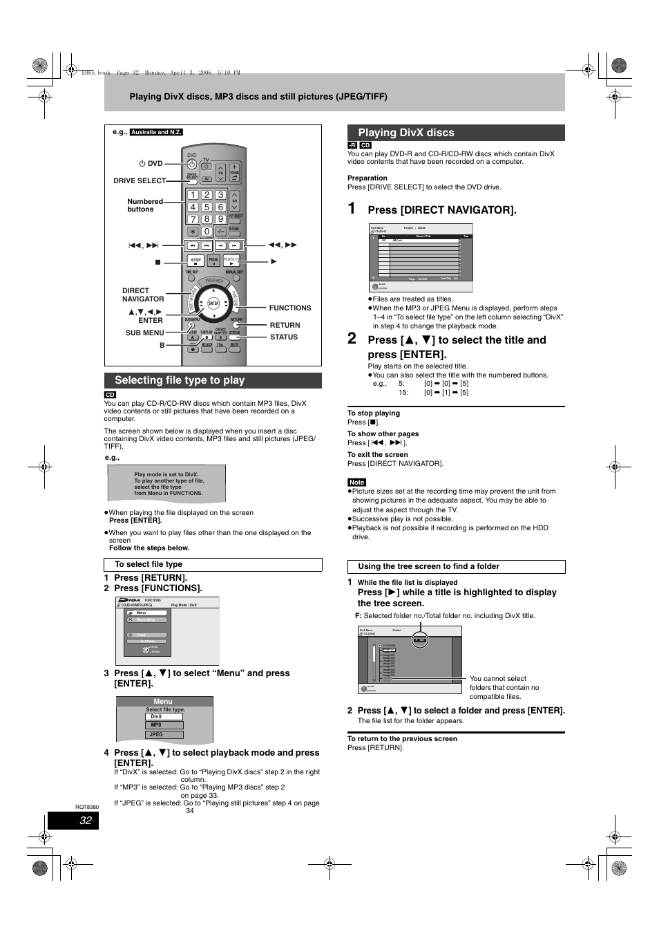 Press [direct navigator, Selecting file type to play, Playing divx discs | Panasonic DIGA DMR-EH65 User Manual | Page 32 / 76