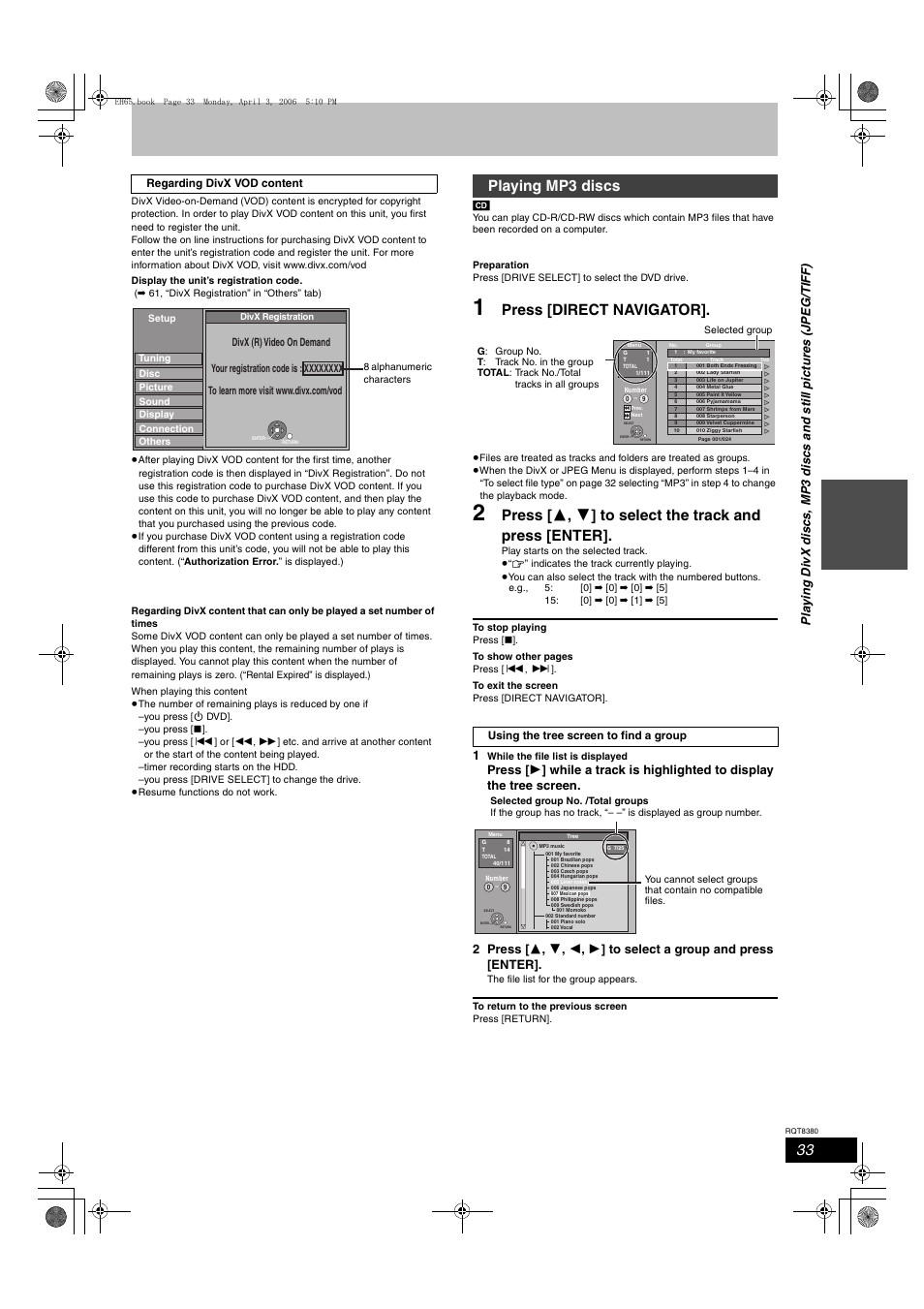 Press [direct navigator, Playing mp3 discs | Panasonic DIGA DMR-EH65 User Manual | Page 33 / 76