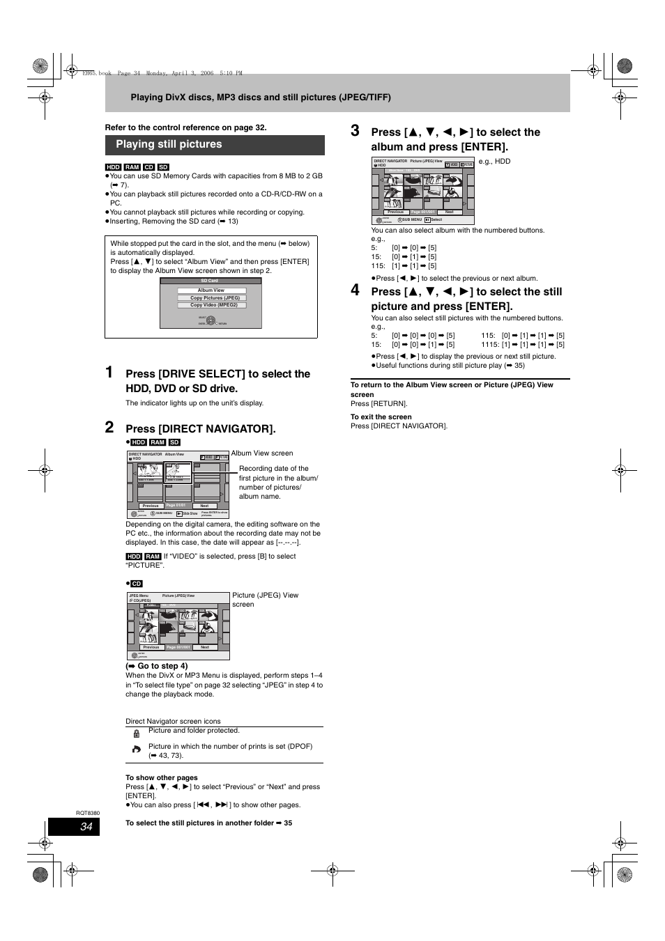 Press [direct navigator, Playing still pictures | Panasonic DIGA DMR-EH65 User Manual | Page 34 / 76