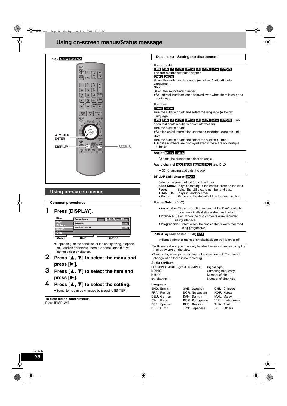 Using on-screen menus/status message, Press [display, Press [ 3 , 4 ] to select the menu and press [ 1 | Press [ 3 , 4 ] to select the item and press [ 1, Press [ 3 , 4 ] to select the setting, Using on-screen menus | Panasonic DIGA DMR-EH65 User Manual | Page 36 / 76