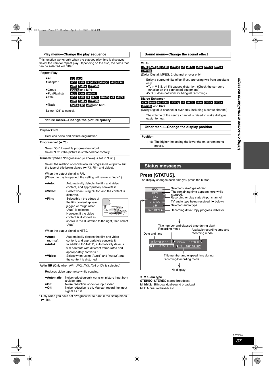 Press [status, Status messages | Panasonic DIGA DMR-EH65 User Manual | Page 37 / 76