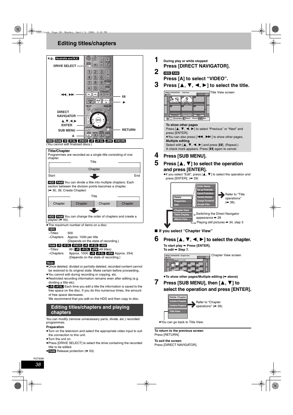 Editing titles/chapters, Press [direct navigator, Press [a] to select “video | Press [ 3 , 4 , 2 , 1 ] to select the title, Press [sub menu, Press [ 3 , 4 , 2 , 1 ] to select the chapter, Editing titles/chapters and playing chapters, If you select “chapter view | Panasonic DIGA DMR-EH65 User Manual | Page 38 / 76