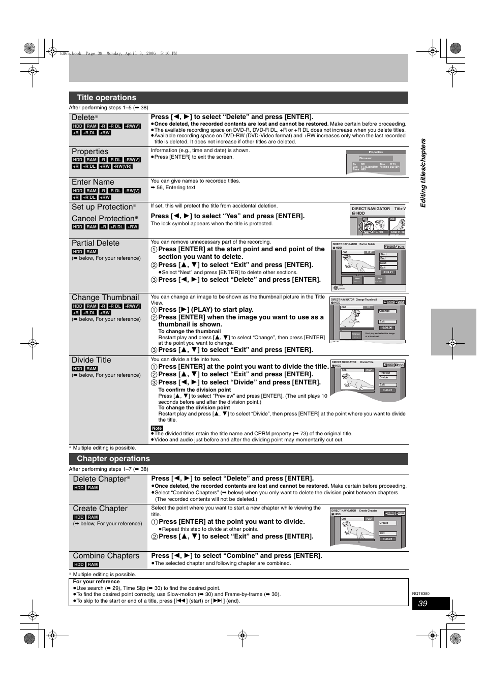 Title operations delete, Properties, Enter name | Set up protection, Cancel protection, Partial delete, Change thumbnail, Divide title, Chapter operations delete chapter, Create chapter | Panasonic DIGA DMR-EH65 User Manual | Page 39 / 76