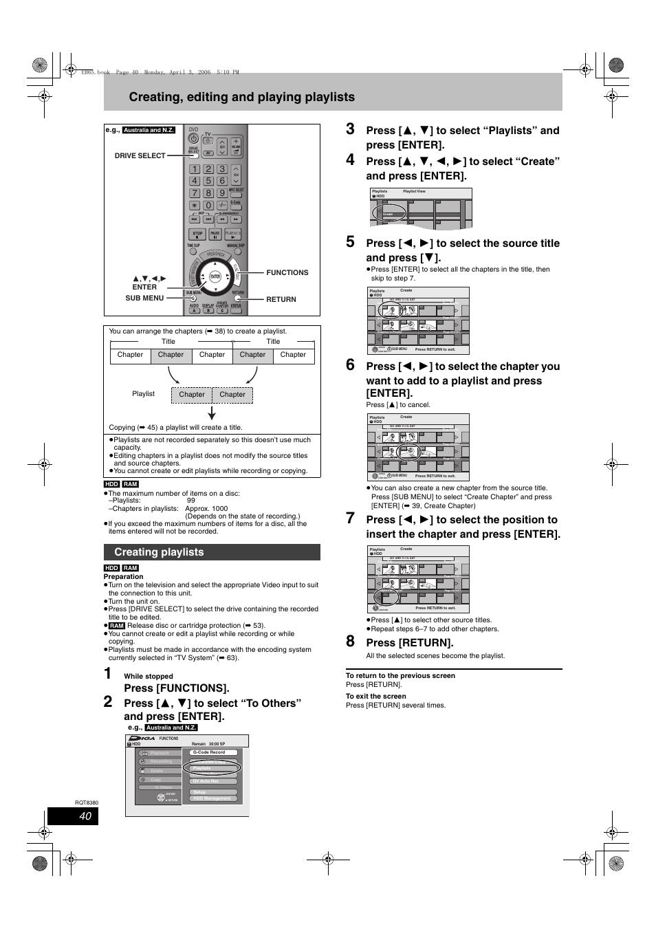 Creating, editing and playing playlists, Press [functions, Press [return | Creating playlists | Panasonic DIGA DMR-EH65 User Manual | Page 40 / 76