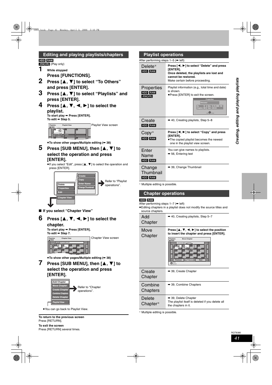 Press [functions, Press [ 3 , 4 , 2 , 1 ] to select the playlist, Press [ 3 , 4 , 2 , 1 ] to select the chapter | Editing and playing playlists/chapters, Playlist operations delete, Properties, Create, Copy, Enter name, Change thumbnail | Panasonic DIGA DMR-EH65 User Manual | Page 41 / 76