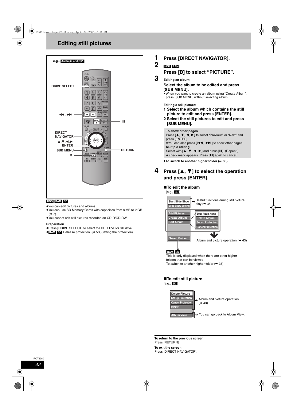 Editing still pictures, Press [direct navigator, Press [b] to select “picture | Select the album to be edited and press [sub menu | Panasonic DIGA DMR-EH65 User Manual | Page 42 / 76