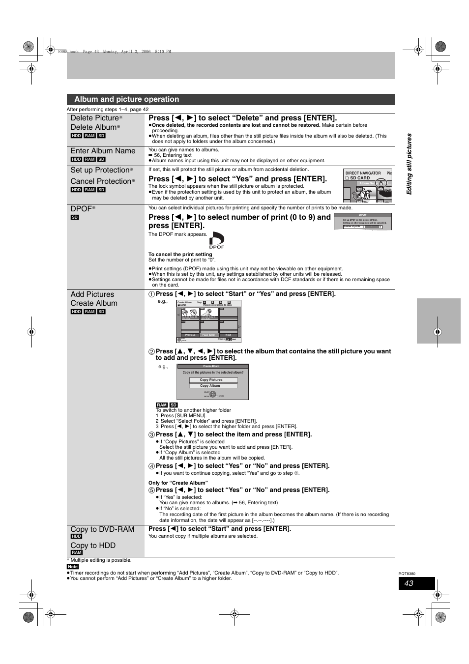 Album and picture operation delete picture, Delete album, Enter album name | Set up protection, Cancel protection, Press [ 2 , 1 ] to select “yes” and press [enter, Dpof, Add pictures create album, Copy to dvd-ram, Copy to hdd | Panasonic DIGA DMR-EH65 User Manual | Page 43 / 76