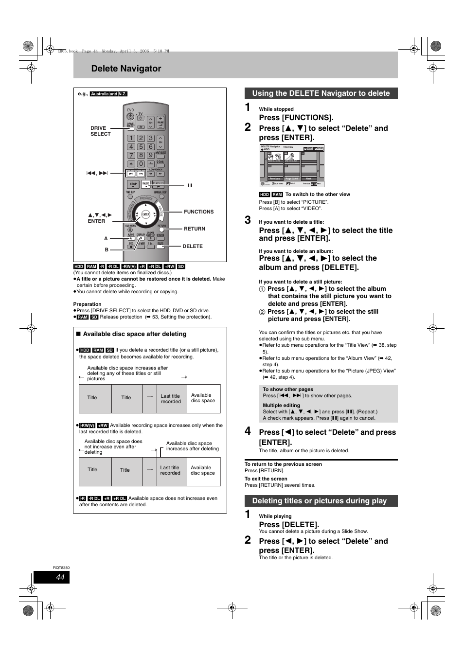 Delete navigator, Press [functions, Press [ 2 ] to select “delete” and press [enter | Press [delete, Using the delete navigator to delete, Deleting titles or pictures during play, Available disc space after deleting | Panasonic DIGA DMR-EH65 User Manual | Page 44 / 76