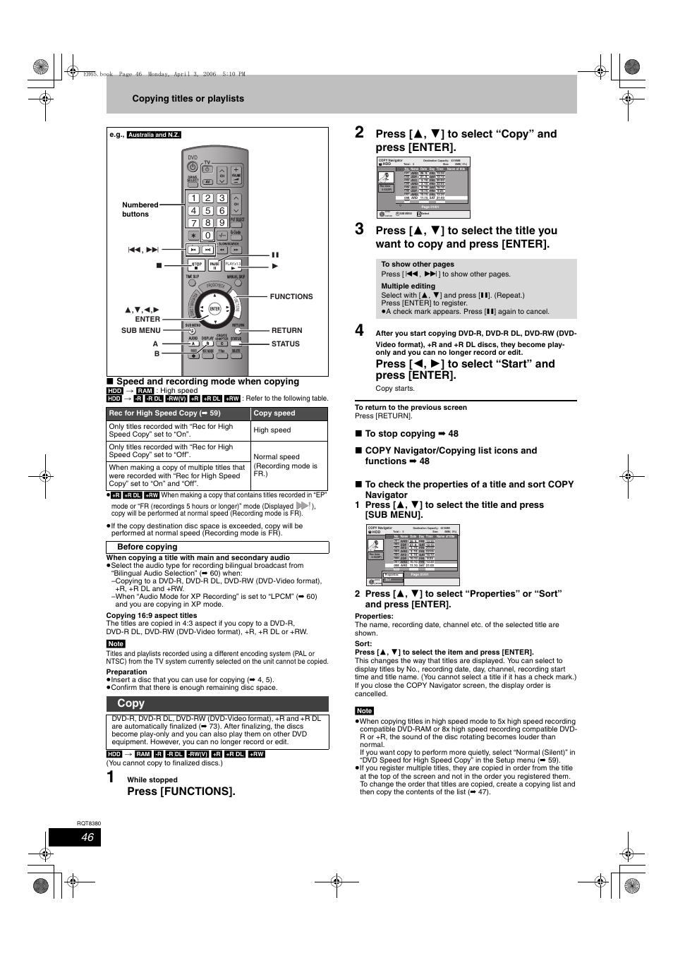 Press [functions, Press [ 3 , 4 ] to select “copy” and press [enter, Press [ 2 , 1 ] to select “start” and press [enter | Copy | Panasonic DIGA DMR-EH65 User Manual | Page 46 / 76