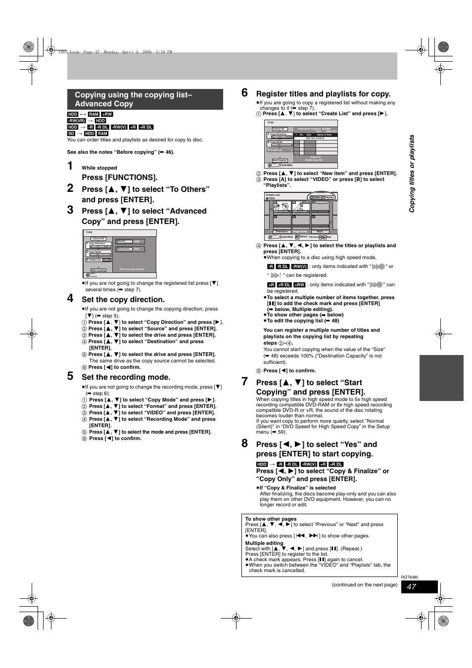 Press [functions, Set the copy direction, Set the recording mode | Register titles and playlists for copy, Copying using the copying list– advanced copy, Cop y ing title s or pla y li s ts | Panasonic DIGA DMR-EH65 User Manual | Page 47 / 76