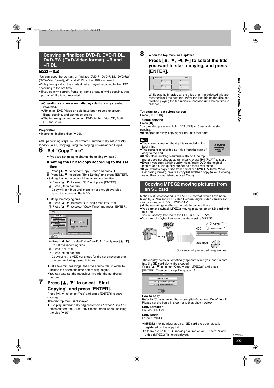 Set “copy time, Copying mpeg2 moving pictures from an sd card, Setting the unit to copy according to the set time | Cop y ing title s or pla y li s ts | Panasonic DIGA DMR-EH65 User Manual | Page 49 / 76