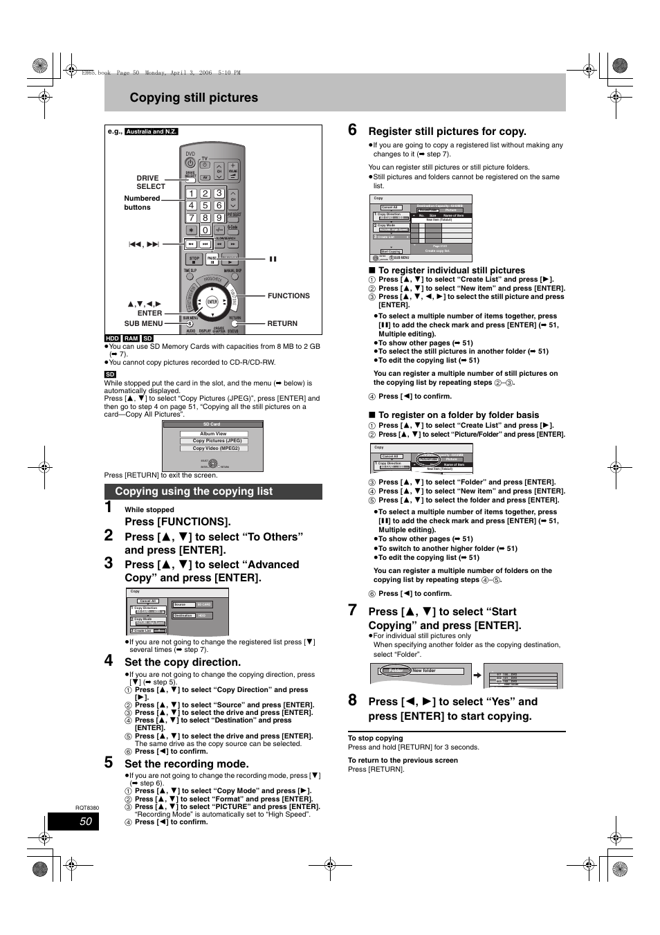 Copying still pictures, Press [functions, Set the copy direction | Set the recording mode, Register still pictures for copy, Copying using the copying list | Panasonic DIGA DMR-EH65 User Manual | Page 50 / 76