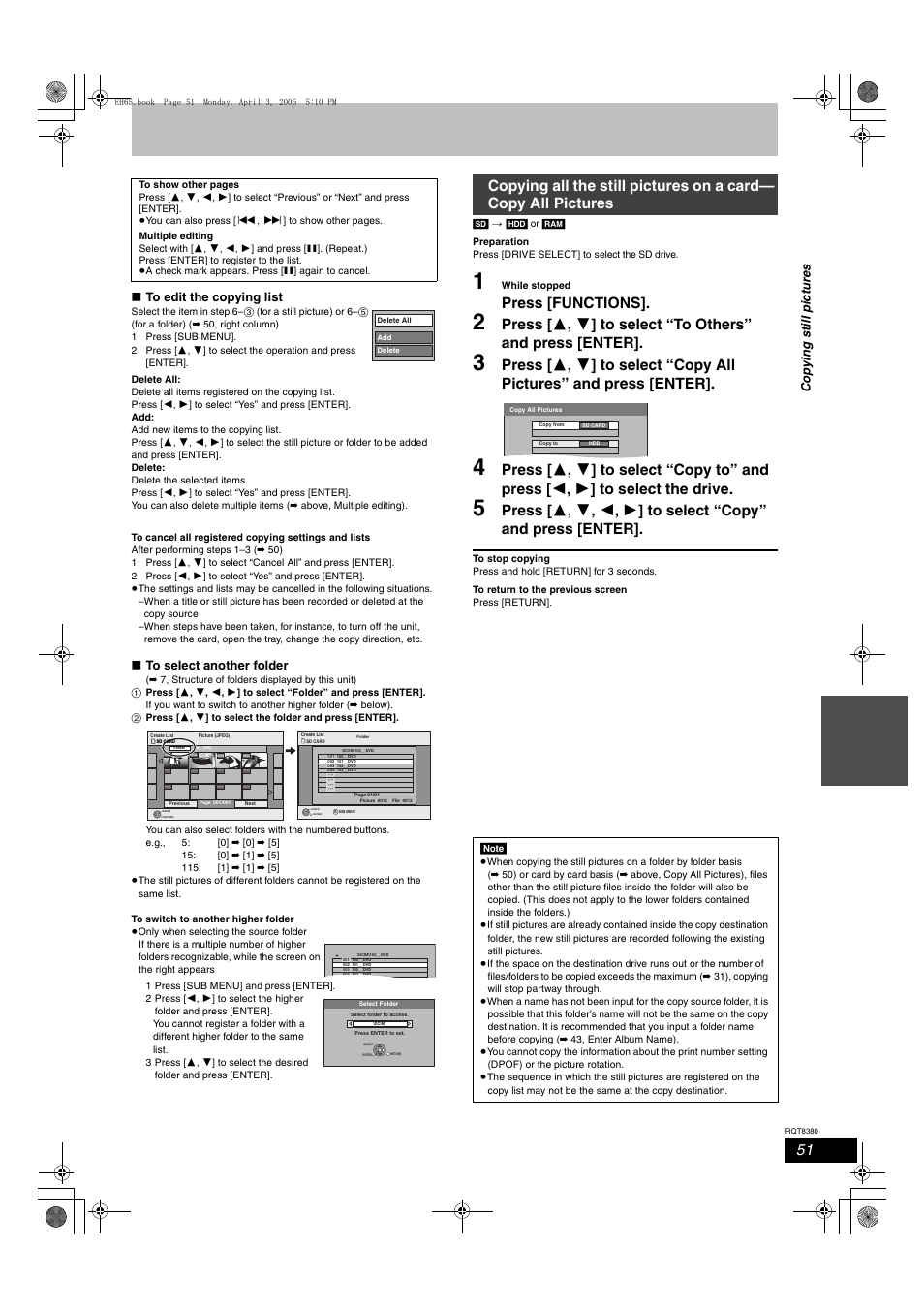 Press [functions, Cop y ing s ti ll pic tur e s | Panasonic DIGA DMR-EH65 User Manual | Page 51 / 76