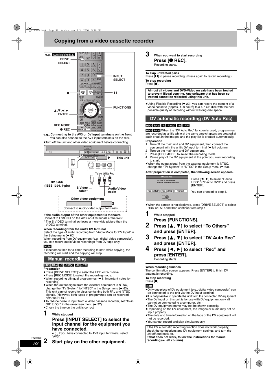 Copying from a video cassette recorder, Start play on the other equipment, Press [ ¥ rec | Press [functions, Press [ 2 , 1 ] to select “rec” and press [enter, Manual recording, Dv automatic recording (dv auto rec), Open/close drive select | Panasonic DIGA DMR-EH65 User Manual | Page 52 / 76