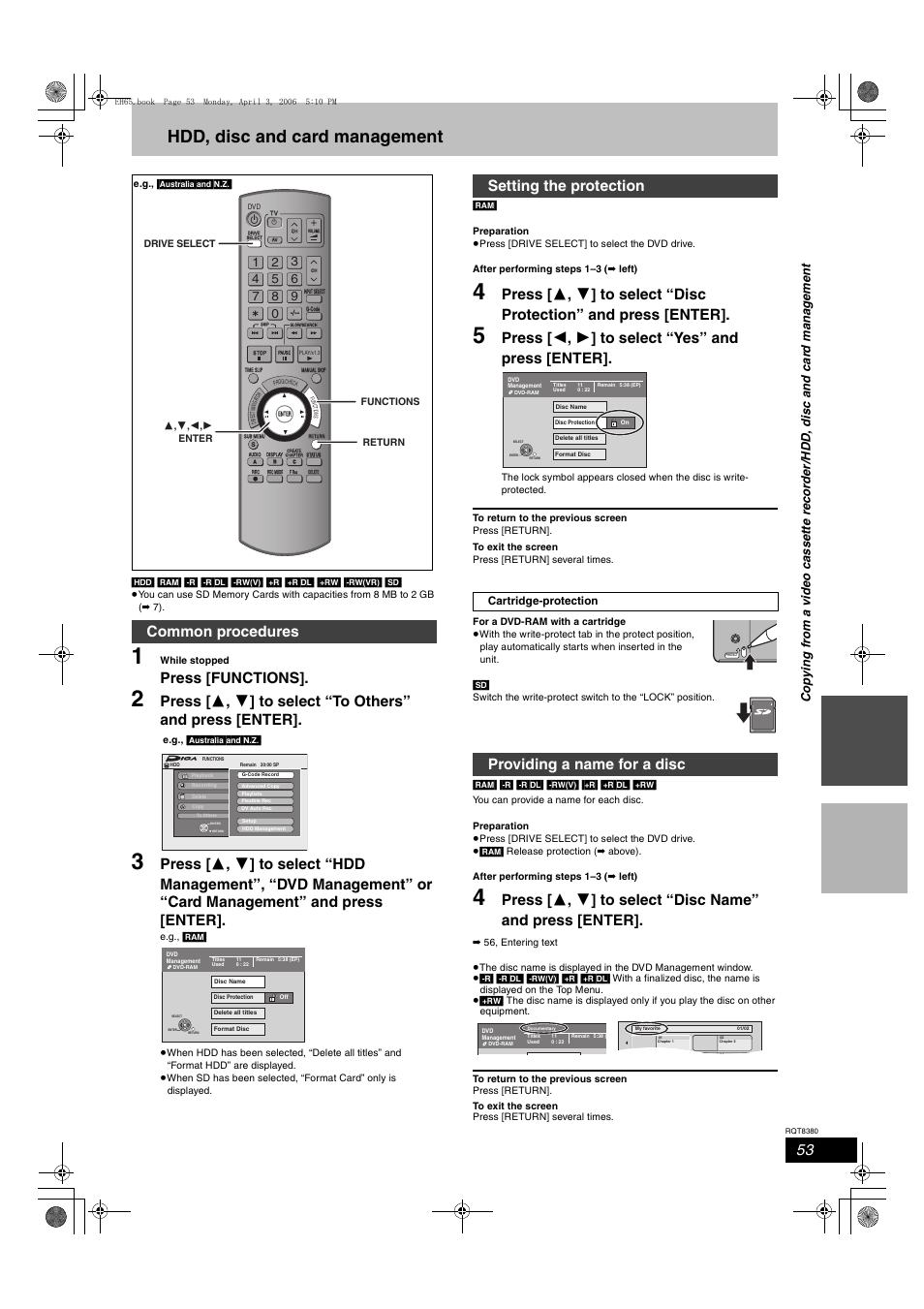 Hdd, disc and card management, Press [functions, Press [ 2 , 1 ] to select “yes” and press [enter | Common procedures, Setting the protection, Providing a name for a disc, Lock | Panasonic DIGA DMR-EH65 User Manual | Page 53 / 76