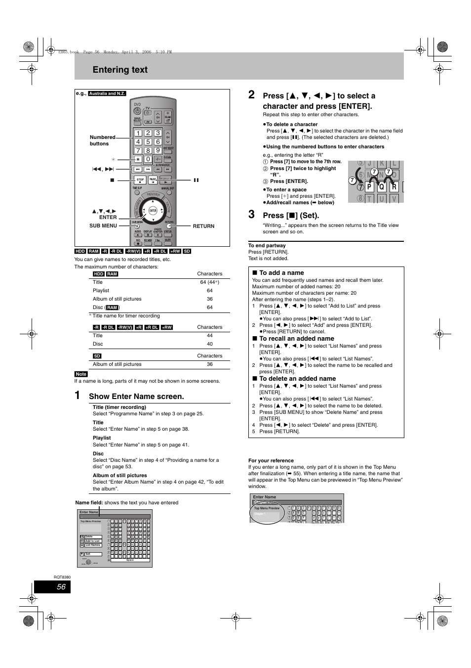 Entering text, Show enter name screen, Press [ ∫ ] (set) | Panasonic DIGA DMR-EH65 User Manual | Page 56 / 76