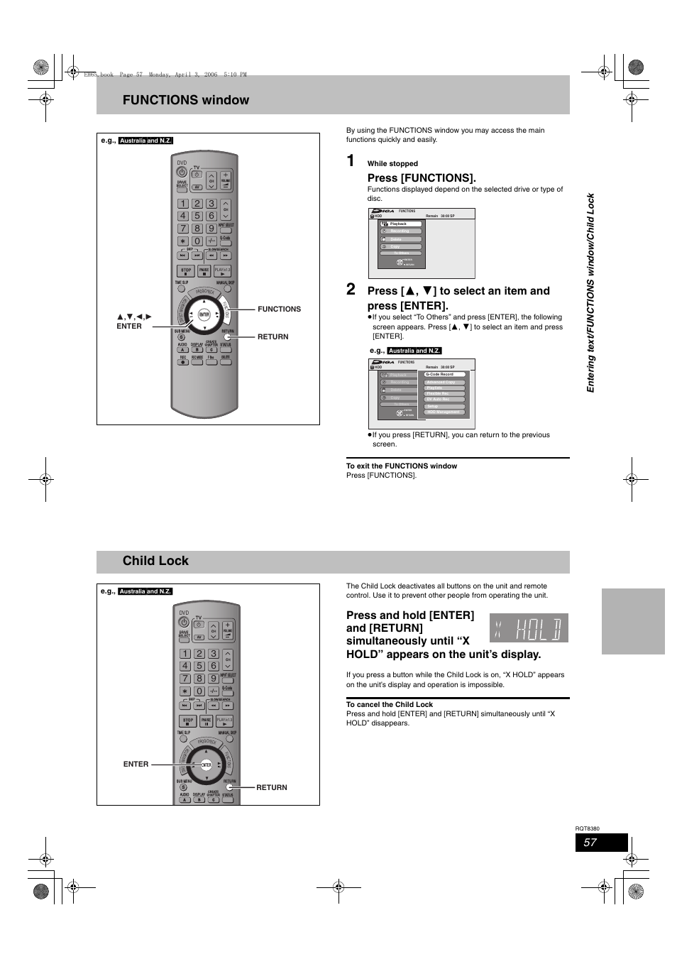 Functions window, Child lock, Press [functions | Press [ 3 , 4 ] to select an item and press [enter | Panasonic DIGA DMR-EH65 User Manual | Page 57 / 76