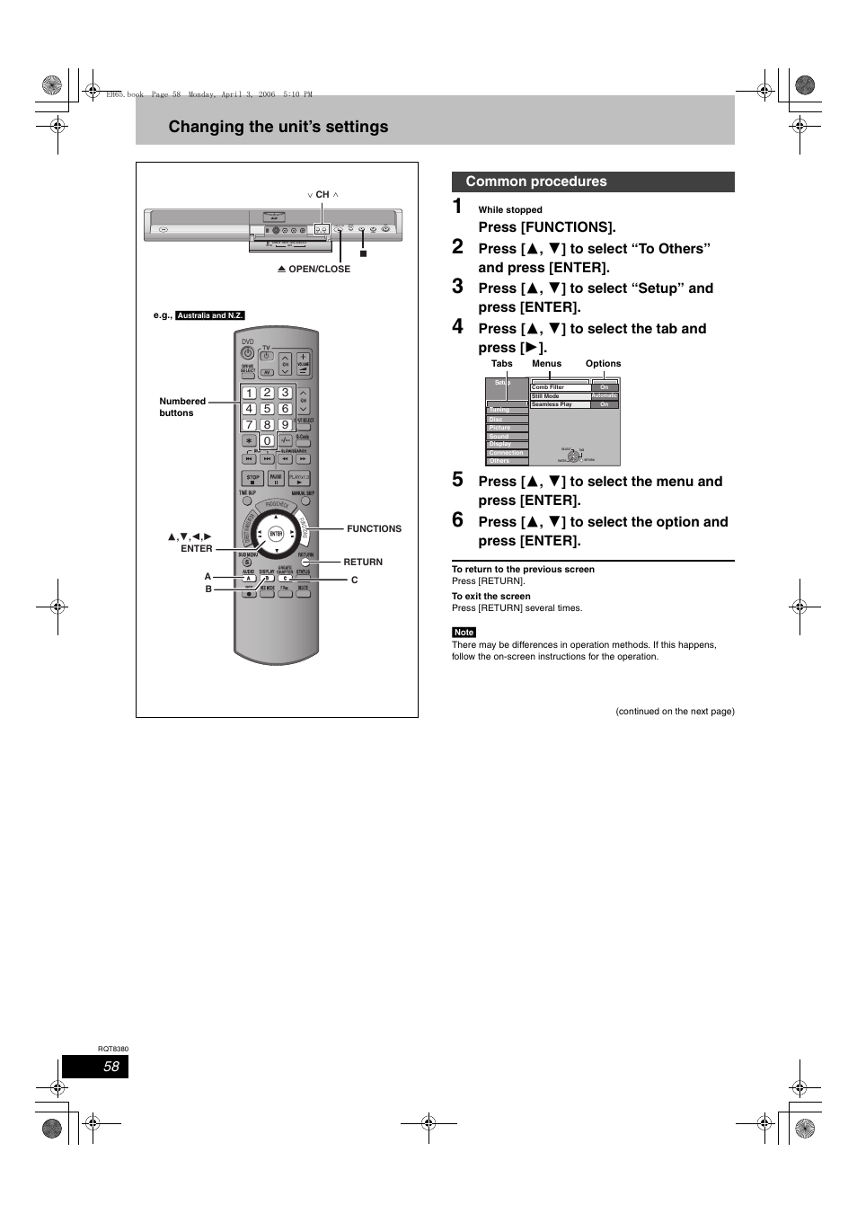 Changing the unit’s settings, Press [functions, Press [ 3 , 4 ] to select “setup” and press [enter | Press [ 3 , 4 ] to select the tab and press [ 1, Common procedures, Open/close drive select | Panasonic DIGA DMR-EH65 User Manual | Page 58 / 76