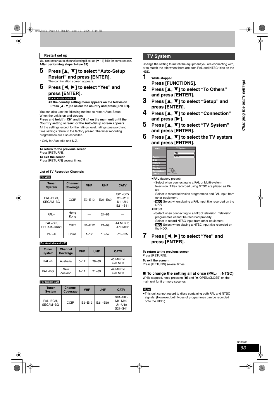 Press [ 2 , 1 ] to select “yes” and press [enter, Press [functions, Press [ 3 , 4 ] to select “setup” and press [enter | Tv system | Panasonic DIGA DMR-EH65 User Manual | Page 63 / 76