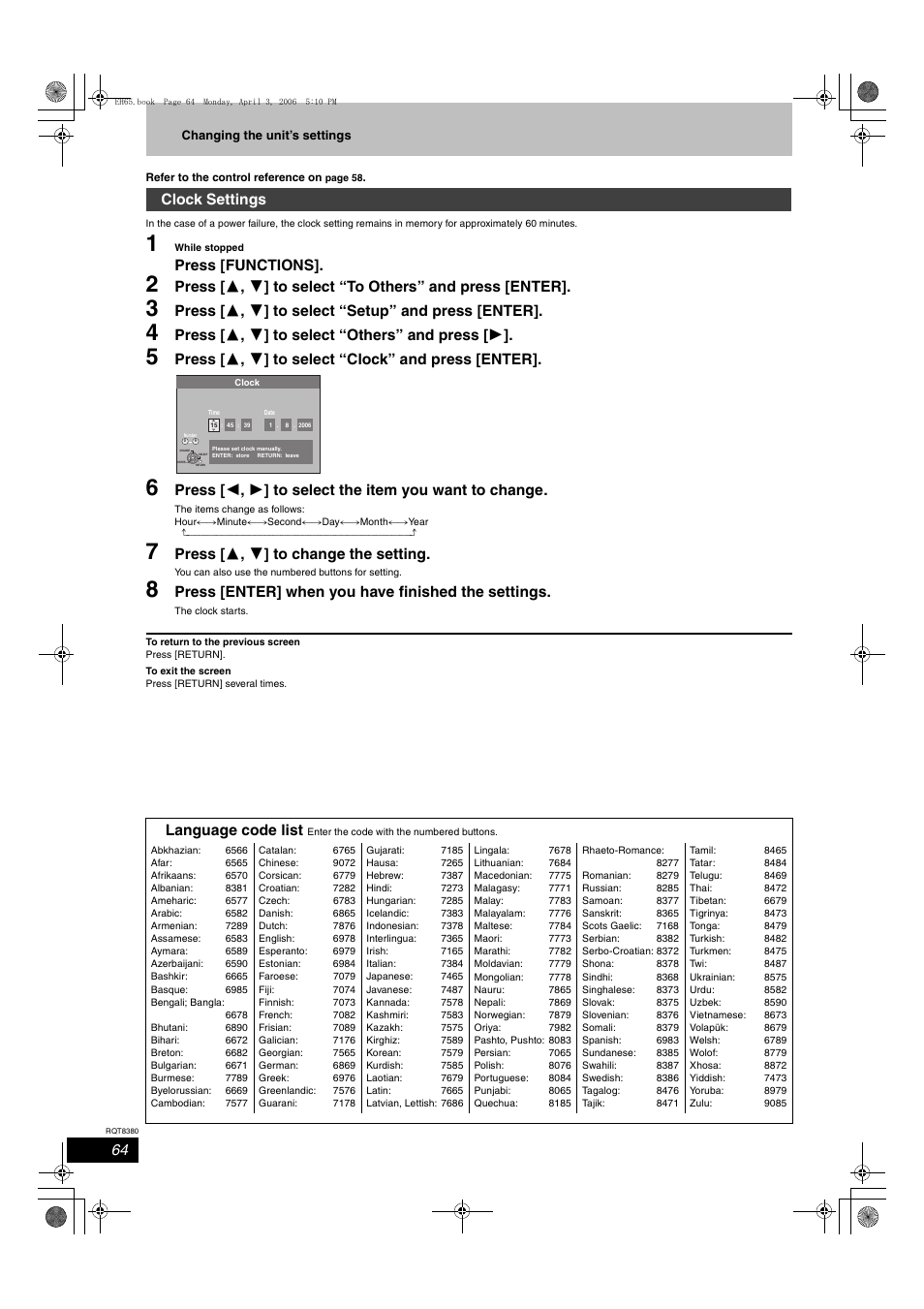 Press [functions, Press [ 3 , 4 ] to select “setup” and press [enter, Press [ 3 , 4 ] to select “others” and press [ 1 | Press [ 3 , 4 ] to select “clock” and press [enter, Press [ 3 , 4 ] to change the setting, Press [enter] when you have finished the settings, Clock settings, Language code list | Panasonic DIGA DMR-EH65 User Manual | Page 64 / 76