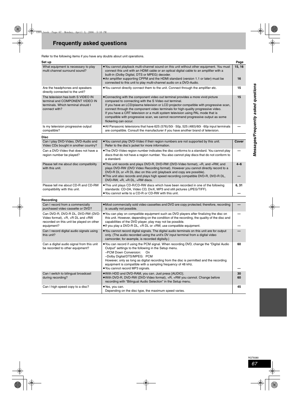 Frequently asked questions | Panasonic DIGA DMR-EH65 User Manual | Page 67 / 76