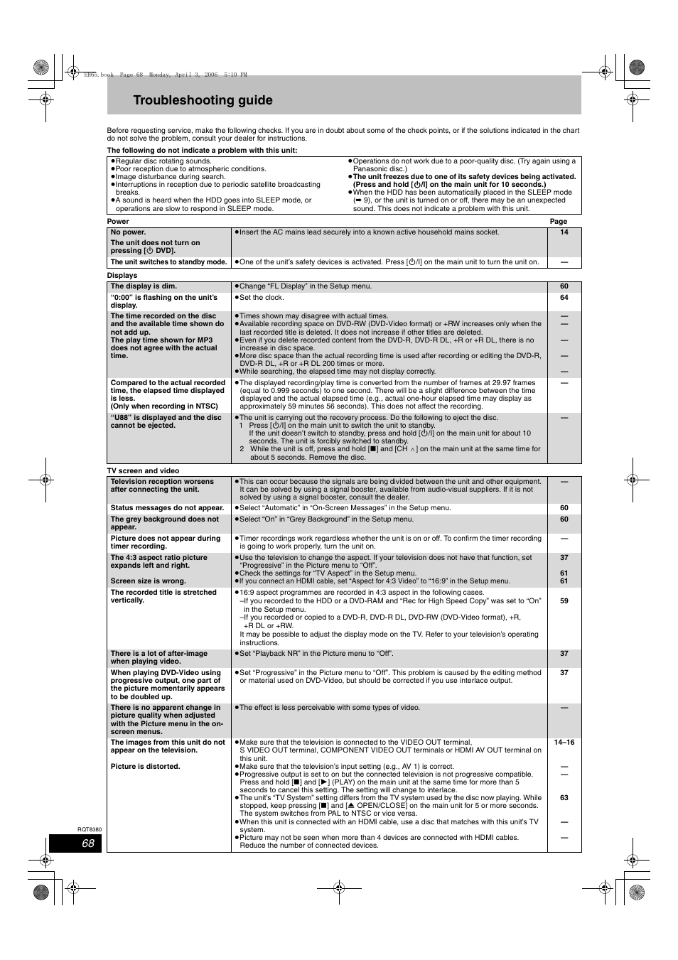 Troubleshooting guide | Panasonic DIGA DMR-EH65 User Manual | Page 68 / 76