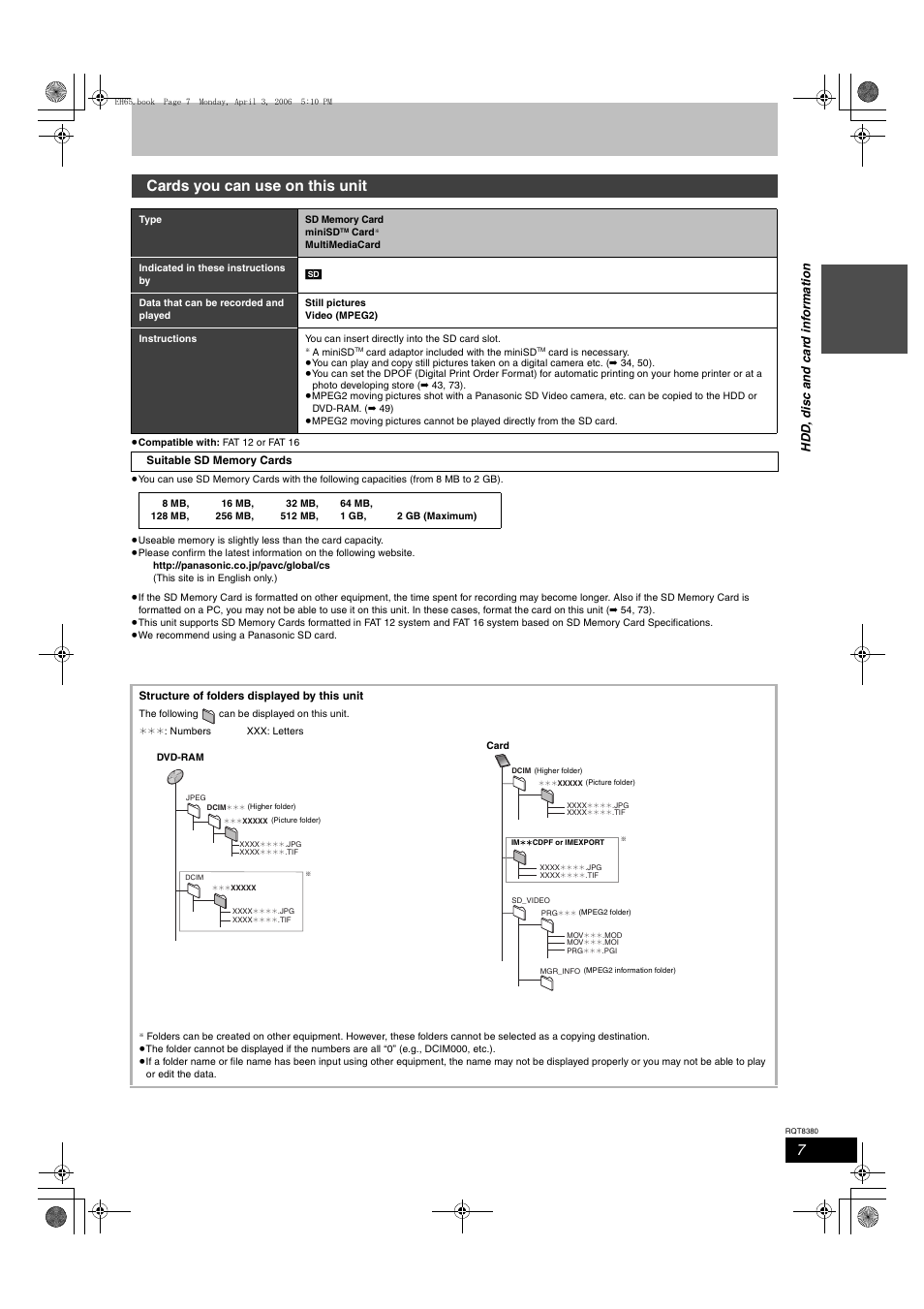 Cards you can use on this unit, Hdd , dis c and c a rd inf o rmat ion | Panasonic DIGA DMR-EH65 User Manual | Page 7 / 76