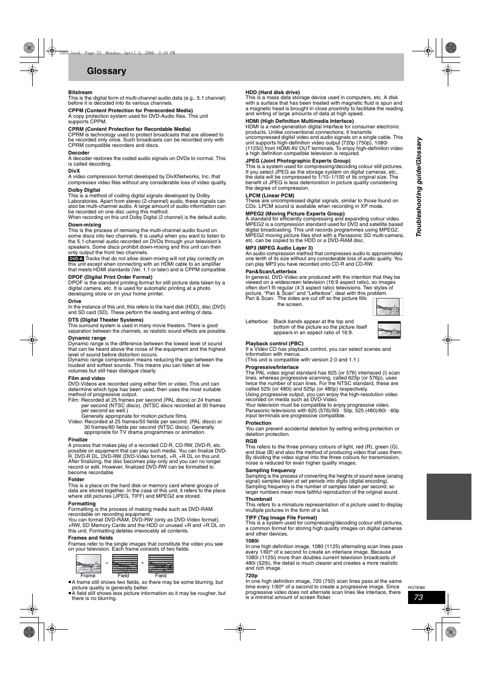 Glossary | Panasonic DIGA DMR-EH65 User Manual | Page 73 / 76