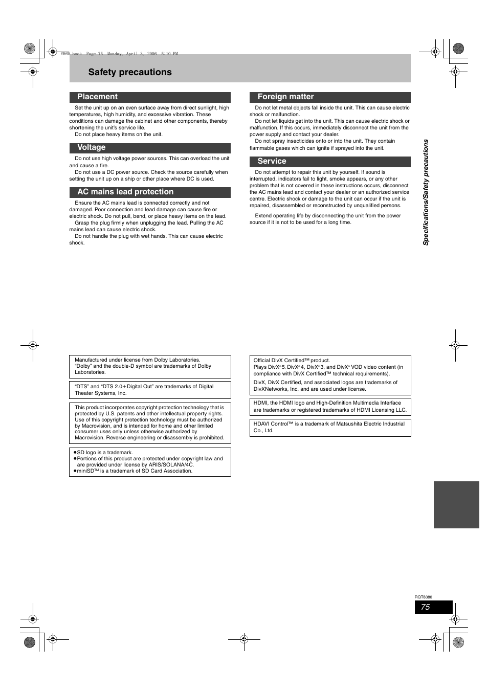 Safety precautions | Panasonic DIGA DMR-EH65 User Manual | Page 75 / 76
