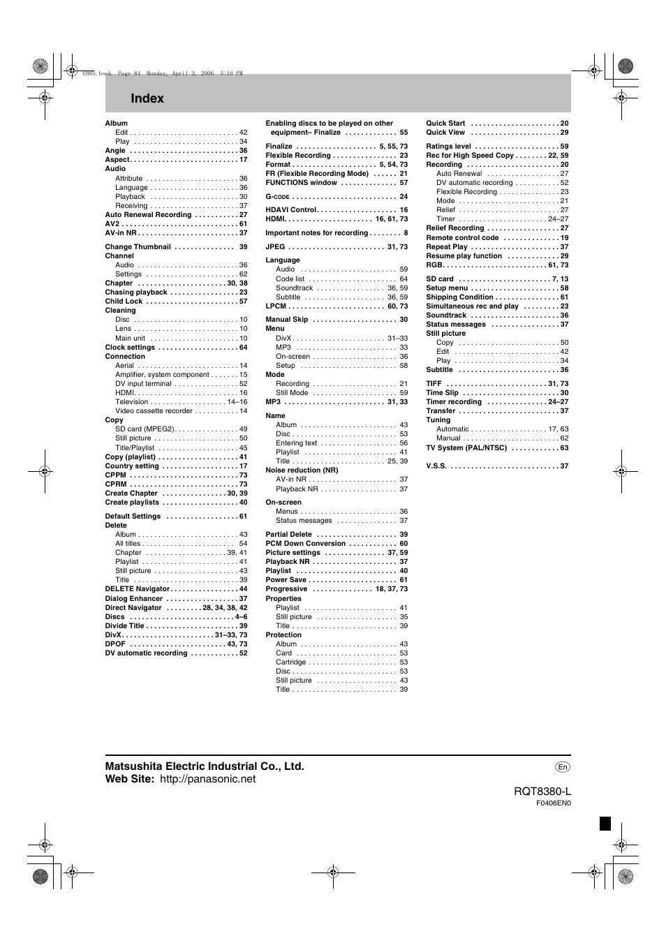 Index | Panasonic DIGA DMR-EH65 User Manual | Page 76 / 76