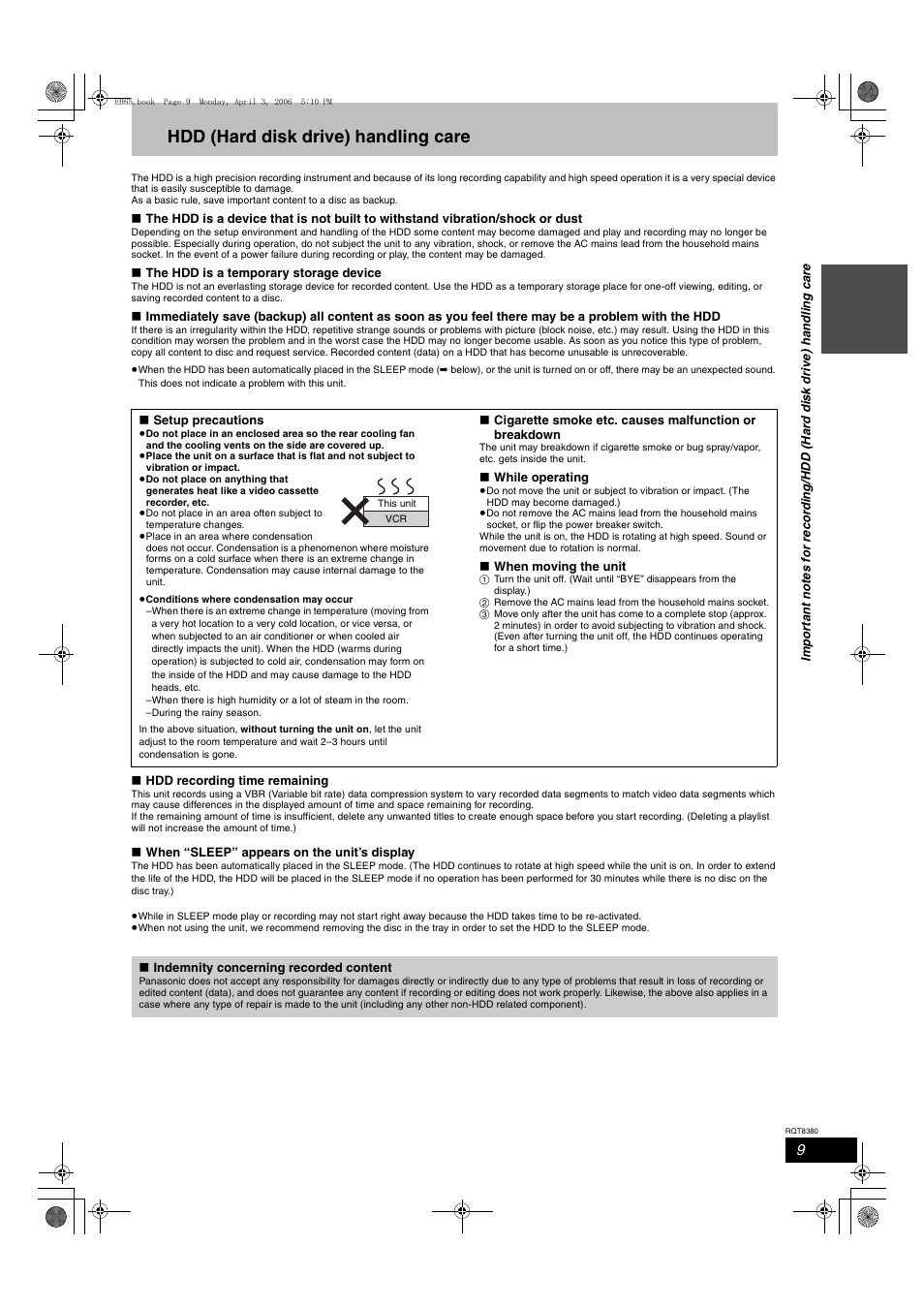 Hdd (hard disk drive) handling care | Panasonic DIGA DMR-EH65 User Manual | Page 9 / 76