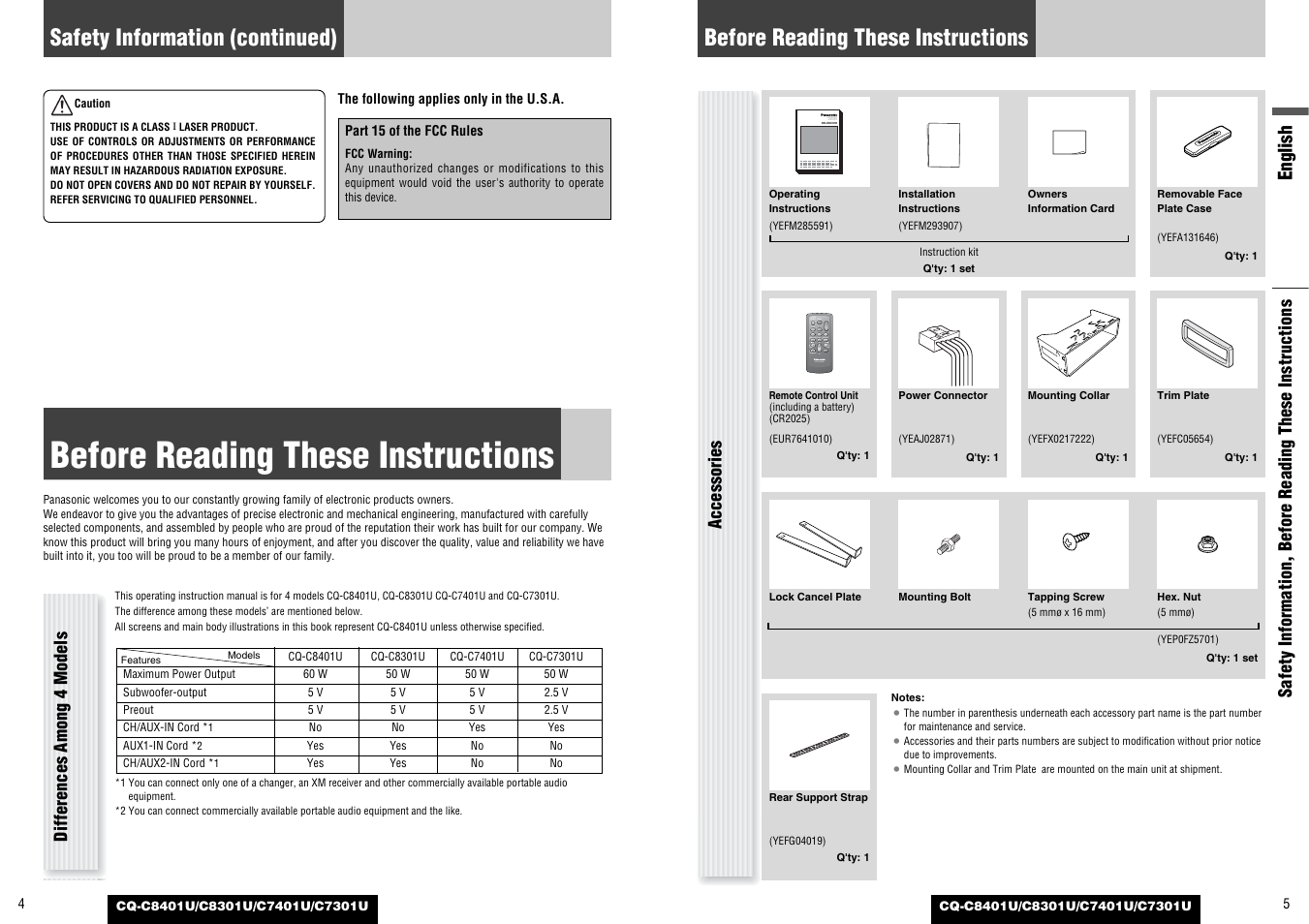 Before reading these instructions, Safety information (continued) | Panasonic C7301U User Manual | Page 3 / 66