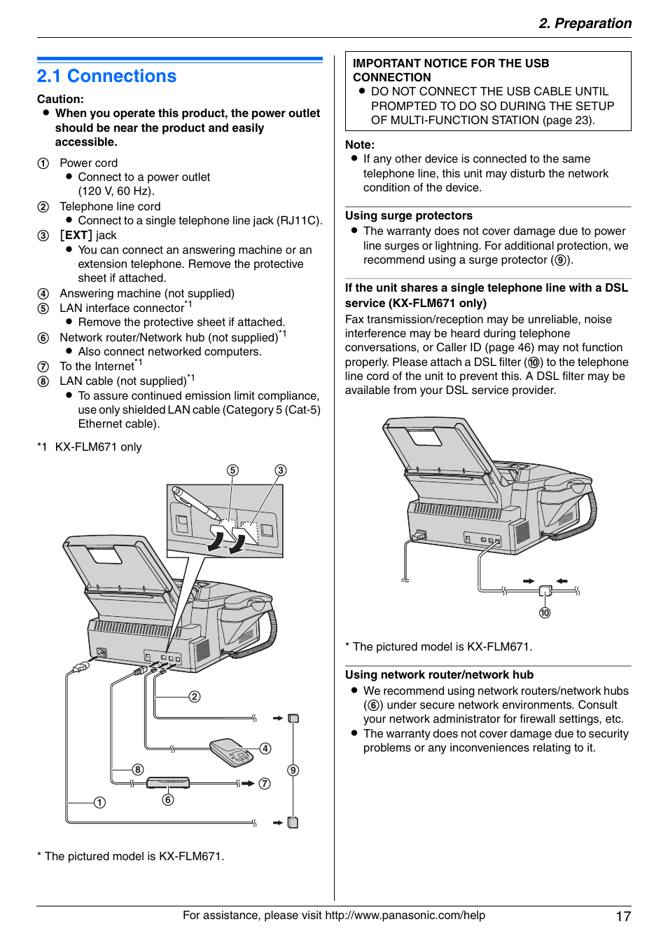 Preparation, Connections and setup, 1 connections | Connections, 1 connections, Preparation 17 | Panasonic KX-FLM671 User Manual | Page 17 / 92