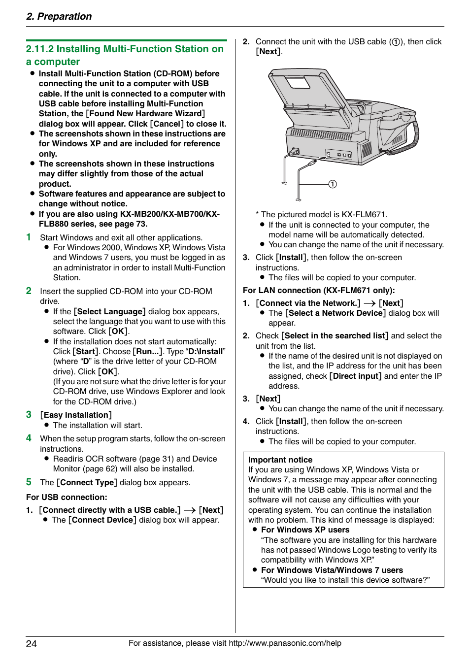 Preparation 24, 2 installing multi-function station on a computer | Panasonic KX-FLM671 User Manual | Page 24 / 92