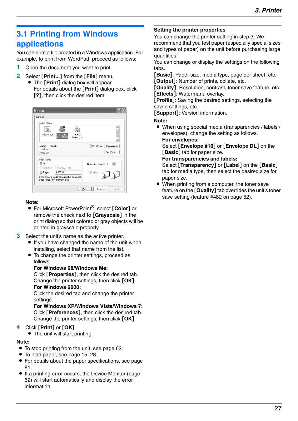 Printer, 1 printing from windows applications, Printing from windows applications | 1 printing from windows applications, Printer 27 | Panasonic KX-FLM671 User Manual | Page 27 / 92