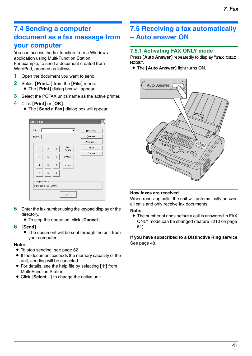 Receiving faxes, 5 receiving a fax automatically – auto answer on, Receiving a fax automatically – auto answer on | 5 receiving a fax automatically – auto answer on | Panasonic KX-FLM671 User Manual | Page 41 / 92