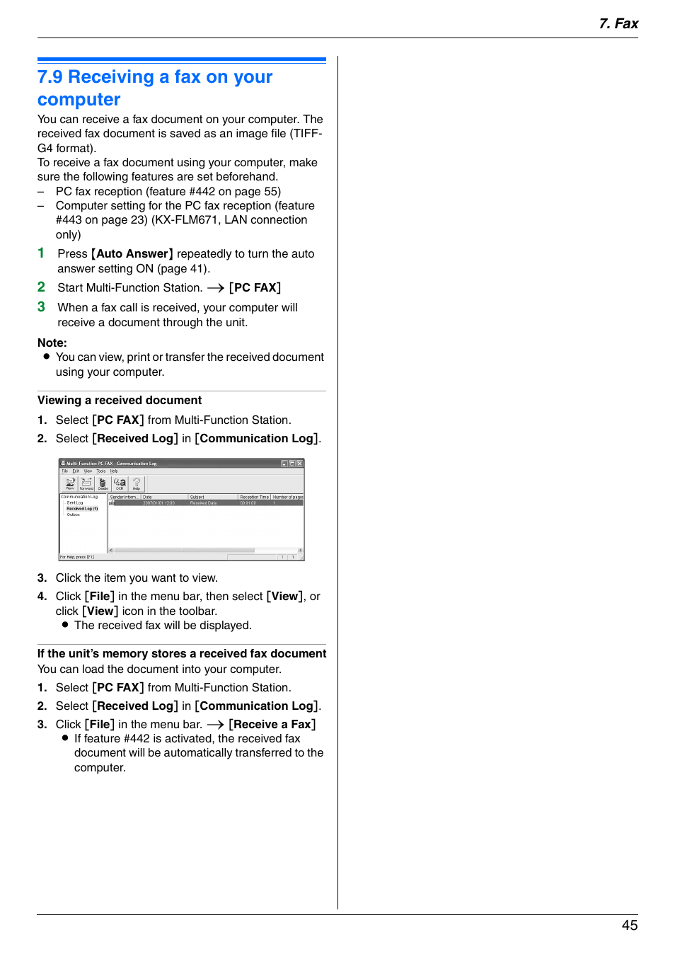 9 receiving a fax on your computer, Receiving a fax on your computer, 9 receiving a fax on your computer | Panasonic KX-FLM671 User Manual | Page 45 / 92