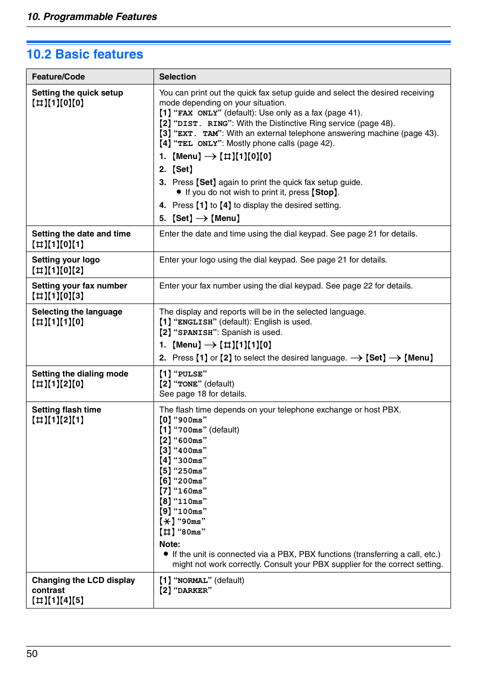2 basic features, Basic features, 2 basic features | Programmable features 50 | Panasonic KX-FLM671 User Manual | Page 50 / 92
