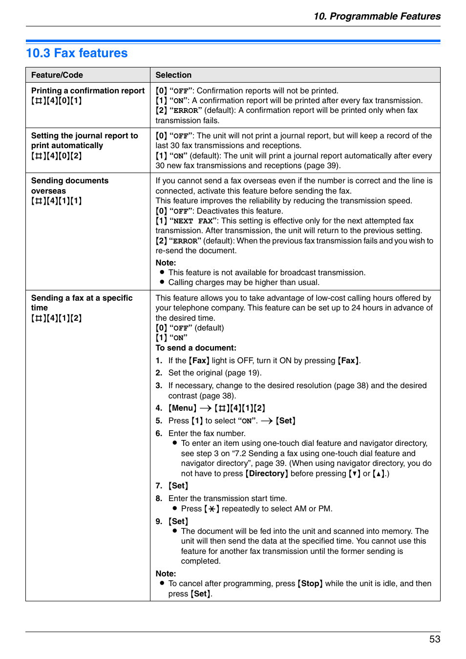3 fax features, Fax features, 3 fax features | Programmable features 53 | Panasonic KX-FLM671 User Manual | Page 53 / 92