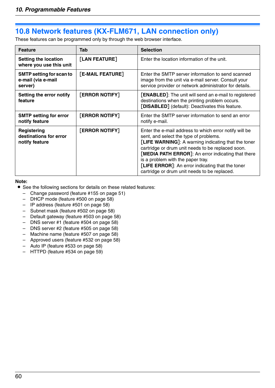 Network features (kx-flm671, lan, Connection only), Programmable features 60 | Panasonic KX-FLM671 User Manual | Page 60 / 92