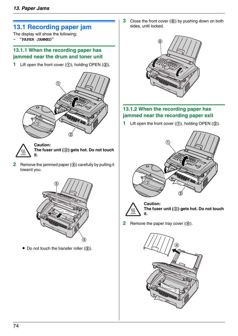 Paper jams, Jams, 1 recording paper jam | Recording paper jam, 1 recording paper jam | Panasonic KX-FLM671 User Manual | Page 74 / 92