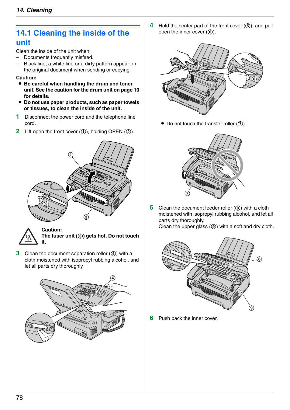 Cleaning, 1 cleaning the inside of the unit, Cleaning the inside of the unit | 1 cleaning the inside of the unit, Cleaning 78 | Panasonic KX-FLM671 User Manual | Page 78 / 92