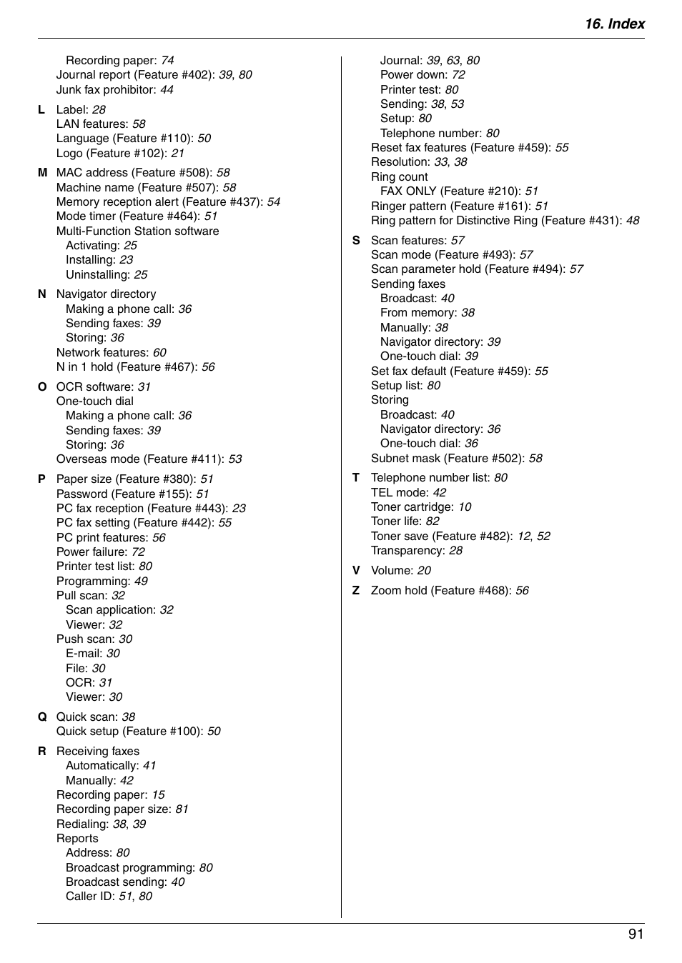 Index 91 | Panasonic KX-FLM671 User Manual | Page 91 / 92