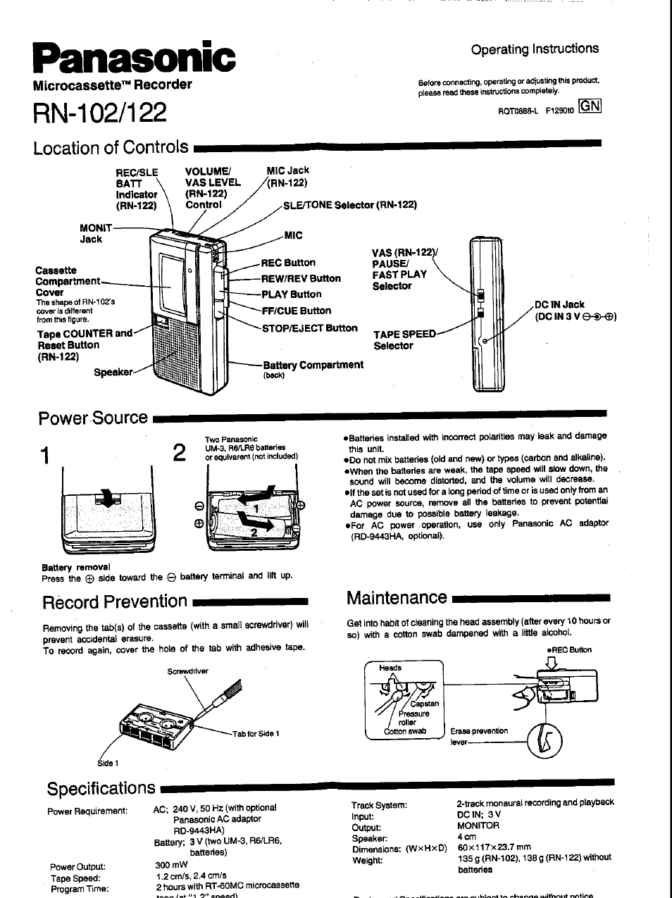 Panasonic RN-102 User Manual | 2 pages