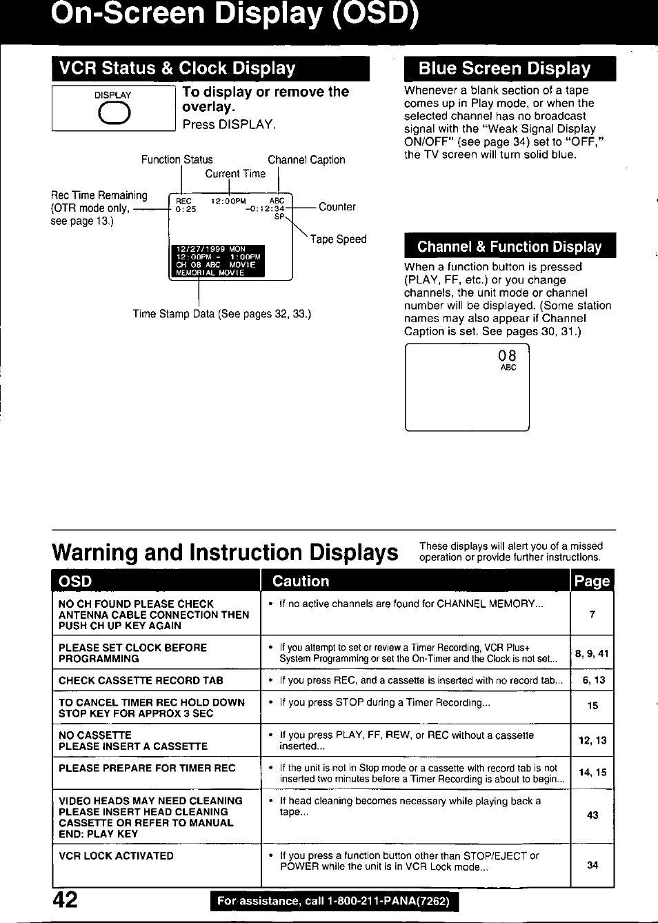 Vcr status & clock display, To display or remove the overlay, Warning and instruction displays | On-screen display (osd), Blue screen display | Panasonic PV C2020 User Manual | Page 42 / 52