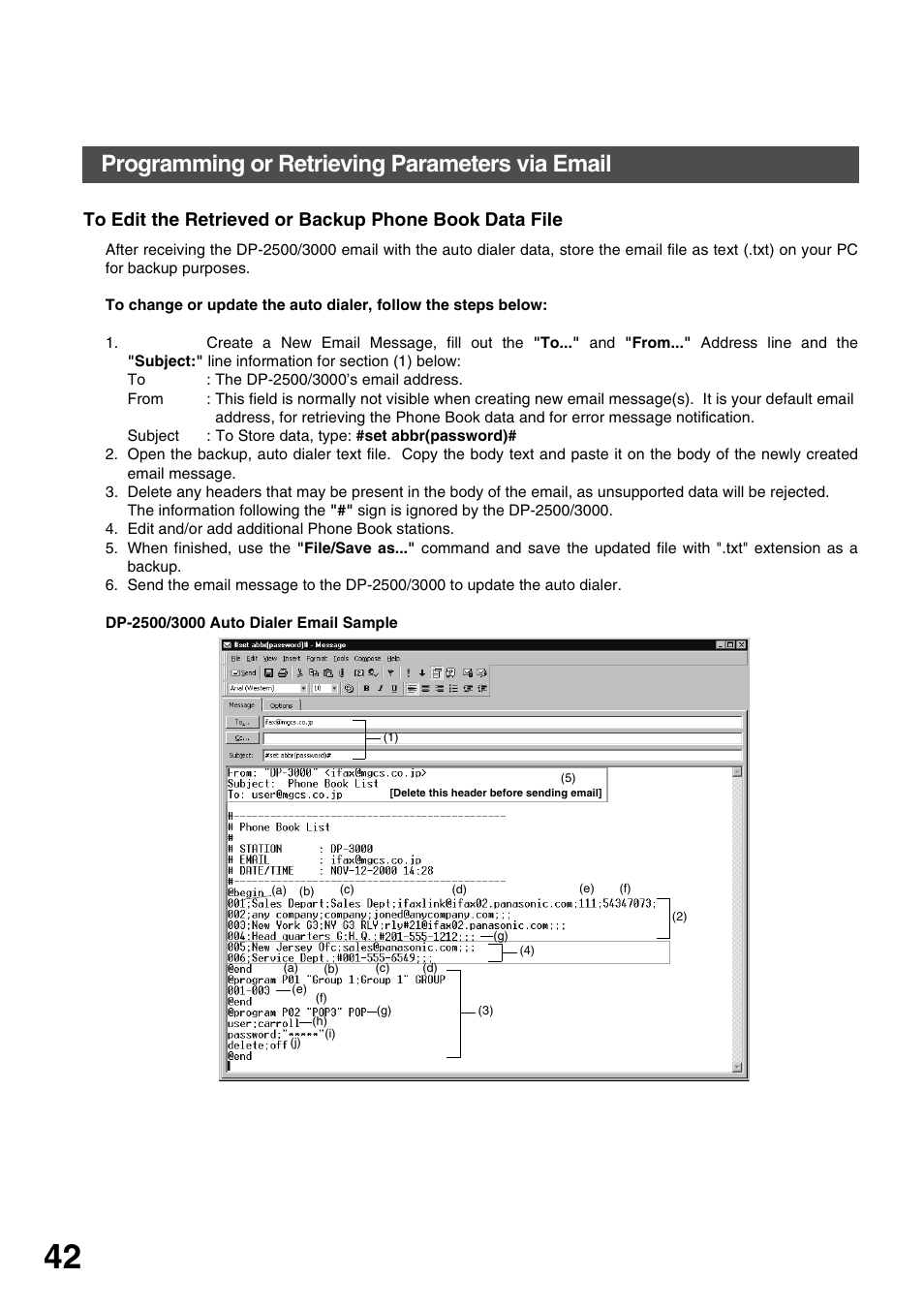 Installing your machine, Programming or retrieving parameters via email | Panasonic 3000 User Manual | Page 42 / 138
